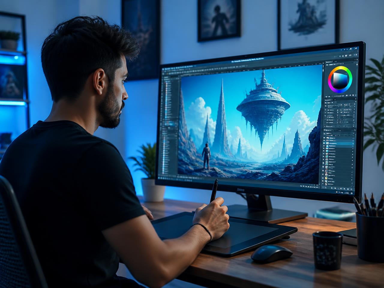 Graphic designer working on digital illustrations
