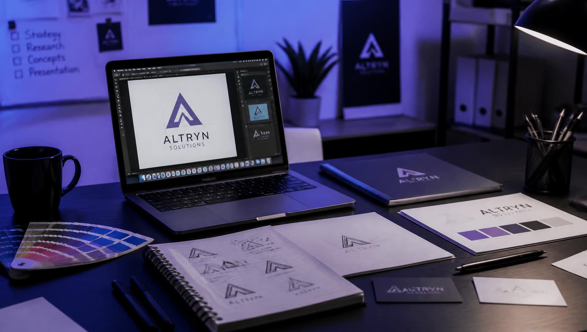Creative designer workspace with branding materials